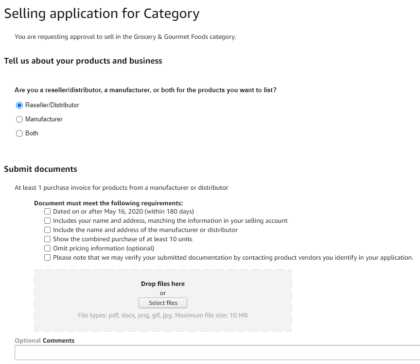 Amazon category application form